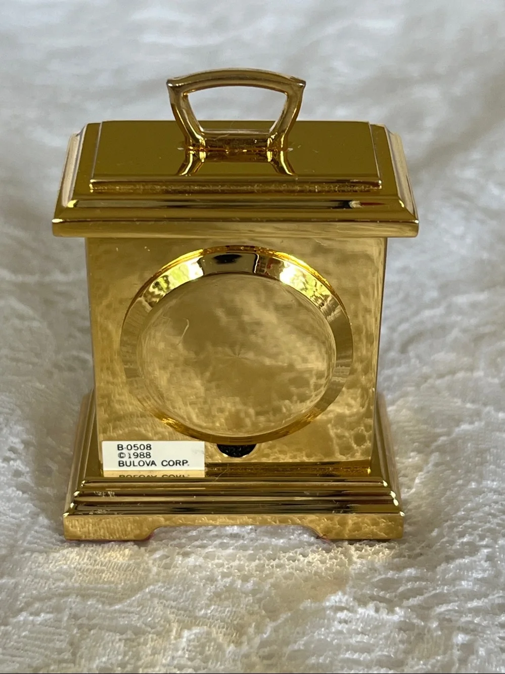 Vintage 1988 Bulova Gold Tone Carriage Mantel Clock with Moon Phase Dial